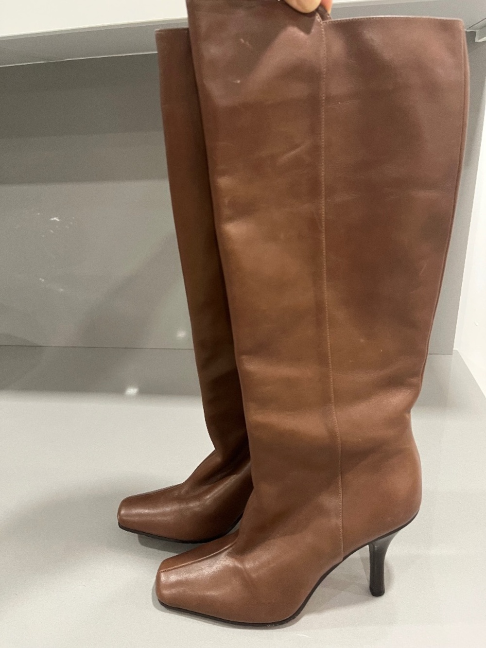 Jimmy Choo Tall Brown Square Toe Brown Boots.  37 1/2.